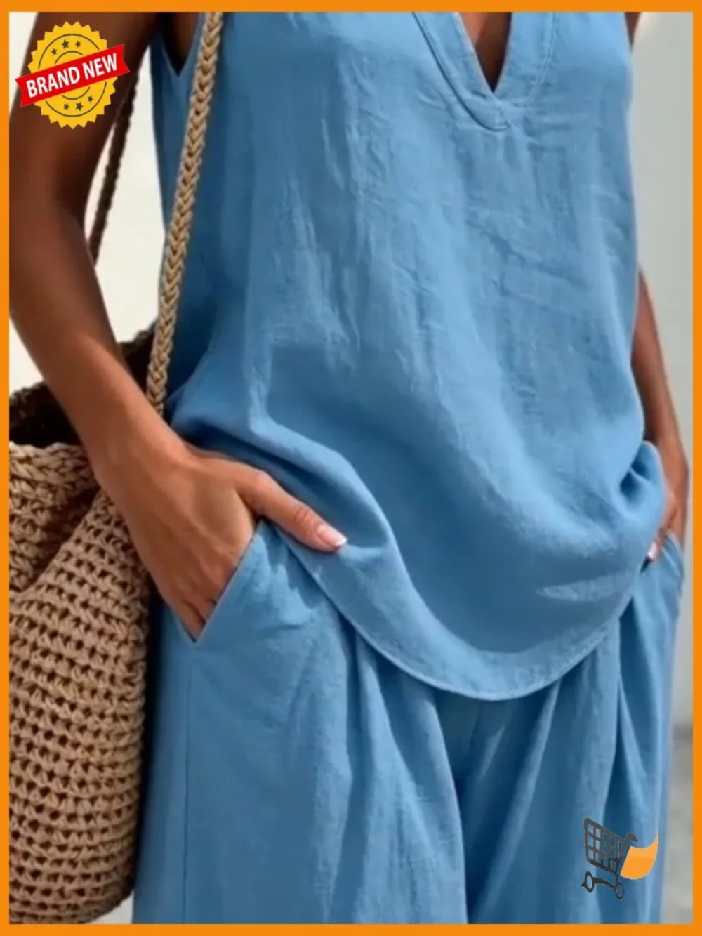 Sleeveless V Neck Halter Top & Wide Leg Pants Set Summer Casual Matching Outfit